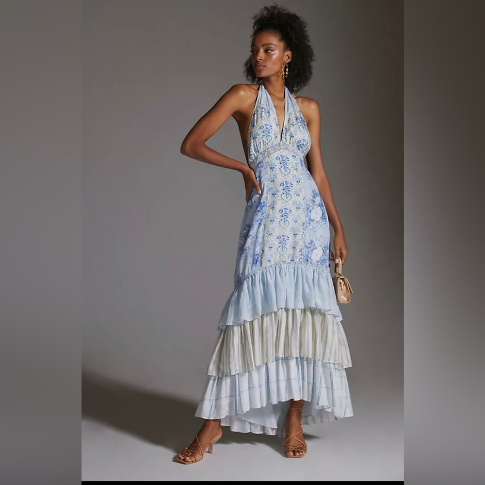 LoveShackFancy Silk Tiered Halter Maxi Dress